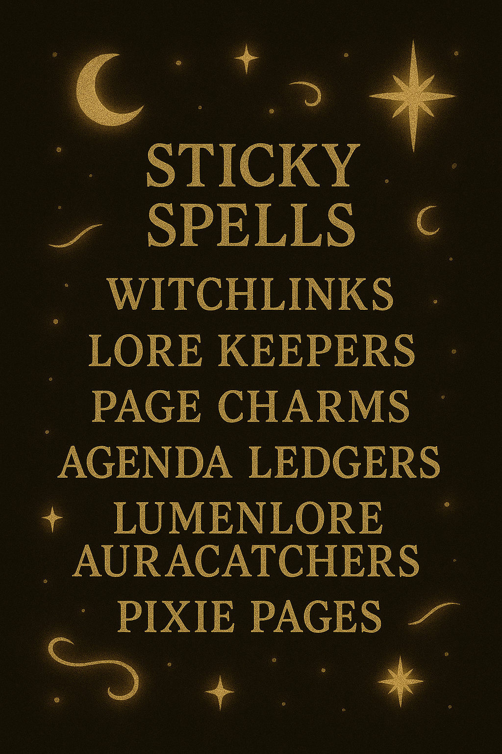 Sticky Spells, Witchlinks, Lore Keepers, Page Charms, Agenda Ledgers, Lumenlore Auracatchers and Pixie Pages