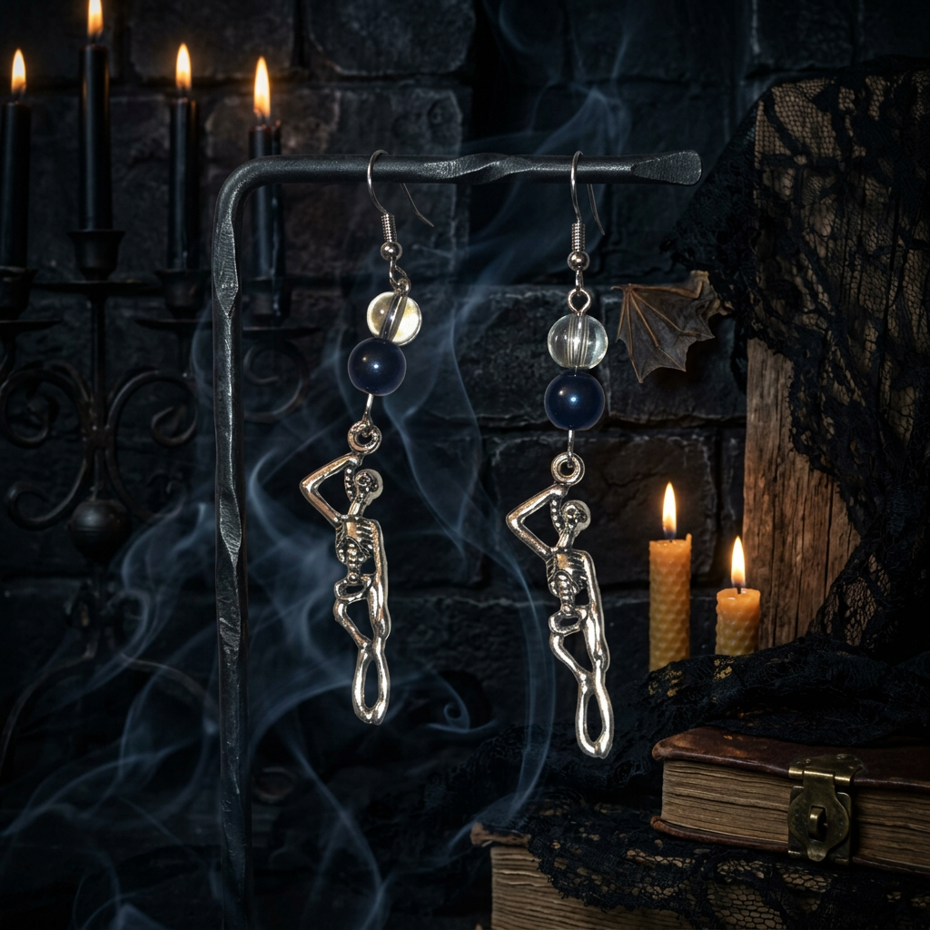The Hanged Man Skeleton Earrings – Gothic Glass Bead Dangles in Stainless Steel