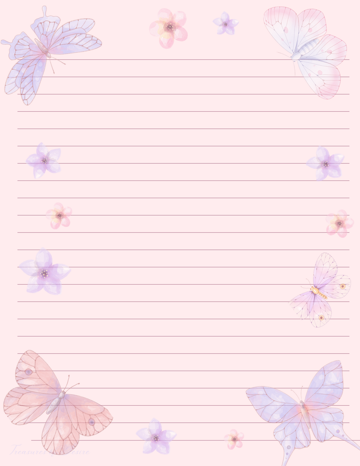 Pink Butterfly and Flower Stationary Set Digital Download