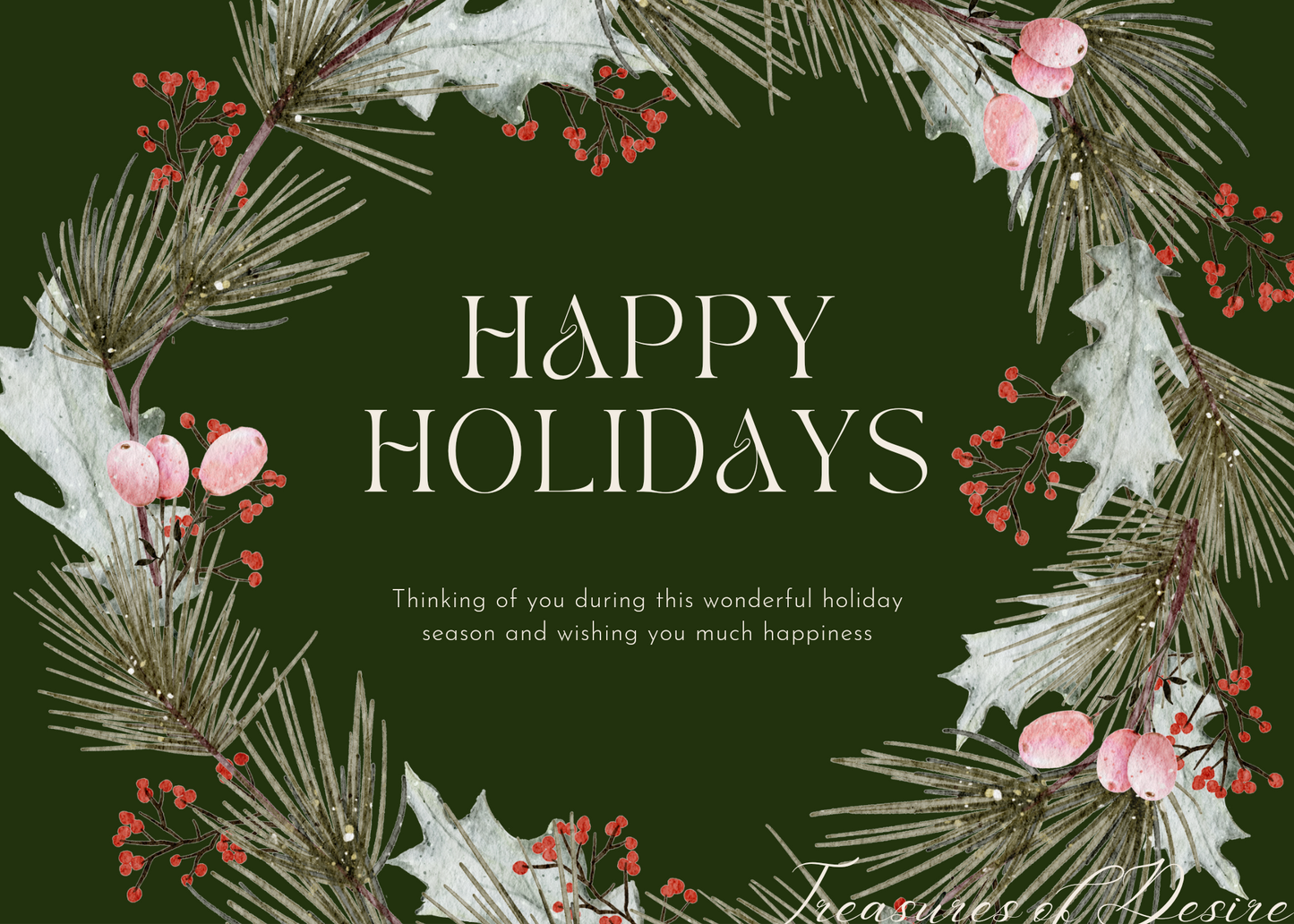 Pine and Holly Wreath Happy Holidays Card Digital Download