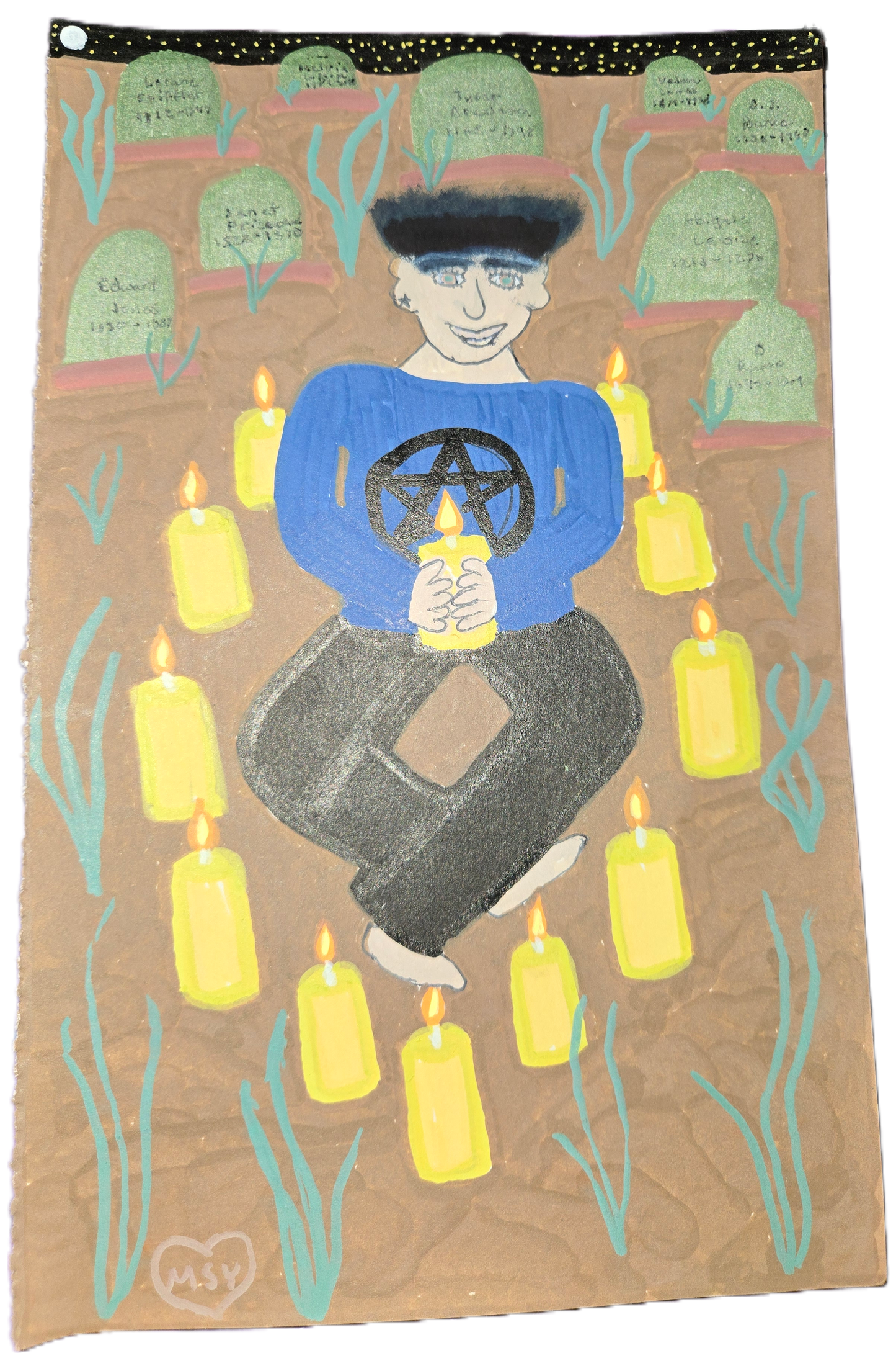 Artistic depiction of a person holding a candle with candles and greenery around on a textured background.