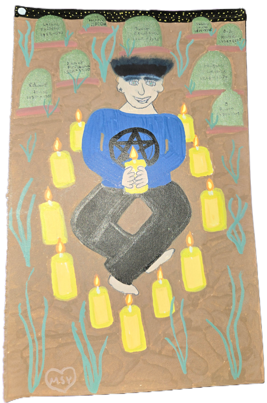 Artistic depiction of a person holding a candle with candles and greenery around on a textured background.