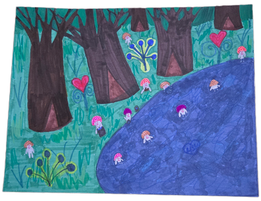 Mycellium Creatures: Swimming and Play on the Blue River (Original Enchanted Art)