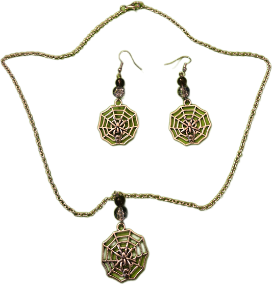 Hypoallergenic Spider Web Necklace and Earring Set | Gothic Halloween Jewelry with Shimmering Glass Beads